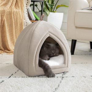 BEDSURE Pet Tent Cave Bed for Cats/Small Dogs – 35x35x38cm 2-In-1 Cat Tent/Cat Bed House with Removable Washable Cushion Pillow – Microfiber Indoor Outdoor Pet Beds, Beige