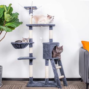 HOMIDEC Cat Tree, 145cm Cat Scratch Posts Multi-Level Stable Cat Climbing Tower Cat Activity Trees with Ladder, Indoor Pet Activity Furniture Play House for Kitty Kitten