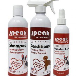 Speak Pet Products Cherry Almond Oatmeal Shampoo, Leave-In Conditioning Spray, and Waterless Bath