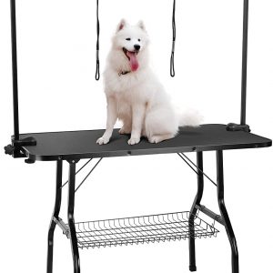 LAZY BUDDY 43″ Foldable Dog Grooming Table for Medium/Large Dogs, Heavy-Duty Portable Pet Trimming Table, Non-Slip Drying Countertop w/2 Adjustable Arm&Noose&Mesh Tray, 260LBS Max Load (H-Shaped Arm)