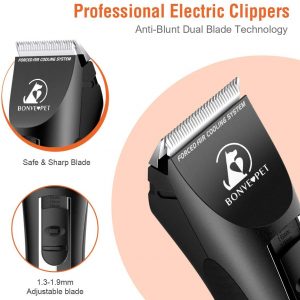 Bonve Pet Dog Clippers, Dog&Cat Grooming Kit Noiseless Cordless Dog Grooming Clippers Professional Rechargeable Dog Trimmer Electric Hair Clippers for Thick Coats Dogs Cats Pets, Black-Dog Clippers