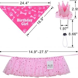 BARRYOU Dog Birthday Bandana Girl-Tutu Skirt Crown Hat Scarf Happy Birthday Banner Dog Girl Birthday Outfit for Birthday Party Pink