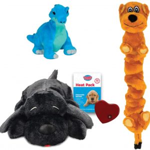 SmartPetLove Snuggle Puppy – Tender-Tuff Bundle – Comes with Snuggle Puppy, Large Stretchy Brown Dog Tough Toy and Baby Blue Dino Dog Toy
