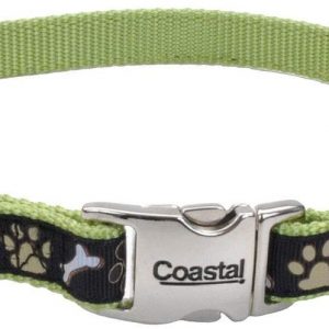 Coastal – Ribbon – Adjustable Dog Collar with Metal Buckle, Brown Paws and Bones, 5/8″ x 12″-18″