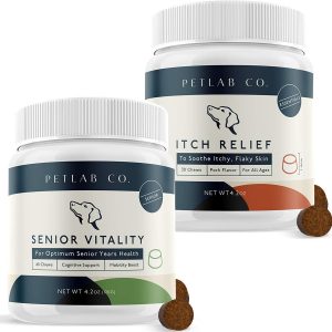 Petlab Co. Itch Chews + Senior Dog Vitamin Vitality Chew Supplement Bundle | Treats Designed for Itchy Dogs | Turmeric Curcumin, Omega 3 & 6, Honey