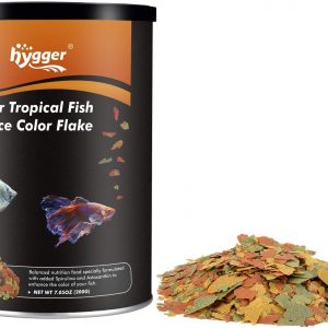 hygger 7-oz Jar Color Enhancing Tropical Fish Flake Food for Betta Guppy Barb Goldfish High Protein Vitamin-Enriched Support for Immune System Clear Water