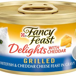 Purina Fancy Feast Delights with Cheddar Grilled Wet Canned Cat Food – 4 Flavor Variety Pack, 3 Oz Each – Pack of 12 Plus Can Cover (13 Items Total)