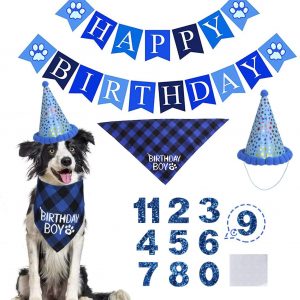 Dog Birthday Party Set, Dog Birthday Bandana Triangle Scarf with Cute Dog Birthday Number Hat Dog Birthday Banner for Dog Birthday Party Supplies