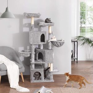 FEANDREA Large Cat Tree with 3 Cat Caves, 164 cm Cat Tower, Light Grey PCT98W