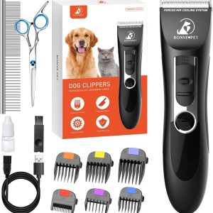 Bonve Pet Dog Clippers, Dog&Cat Grooming Kit Noiseless Cordless Dog Grooming Clippers Professional Rechargeable Dog Trimmer Electric Hair Clippers for Thick Coats Dogs Cats Pets, Black-Dog Clippers