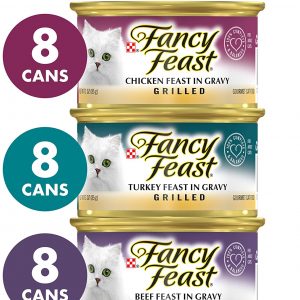 Purina Fancy Feast Gravy Wet Cat Food Variety Pack, Poultry & Beef Grilled Collection – (24) 3 oz. Cans