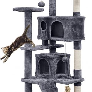 Yaheetech Broad-space Cat Tree Tower Kitten Cozy Condo, Multi-level Cat Scratching Post with 2 Soft Condos/Perch/Dangling Furball, Dark Grey