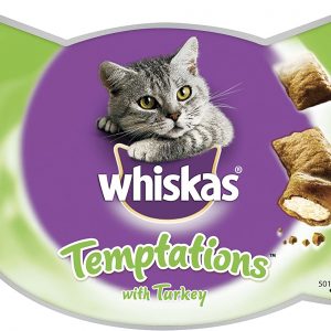 Whiskas Temptations – Tasty, Crunchy Cat Treats, Small Bite Size Snacks with A Delicious Turkey Filling, 8 x 60 g Packets