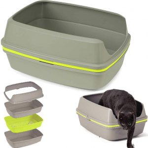 4-PETS Cat Grey Scoopless Litter Tray Sifting Toilet Box High Sided Rim Pan Loo