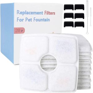 Cat Fountain Filter Replacement 20 Packs for 84oz/2.5L Veken and Identical Fountain 12 Filter 6 Sponge 2 Brush Included