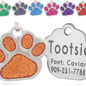 io tags Pet ID Tags, Personalized Dog Tags and Cat Tags, Custom Engraved, Easy to Read, Cute Glitter Paw Pet Tag (Orange)