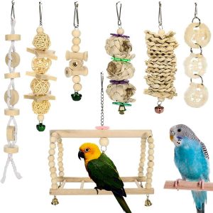 Yorgewd Lot de 7 jouets en bois naturel pour cage à oiseaux, petits perroquets, balançoires à mâcher pour perruches, conures, oiseaux amoureux, calopsittes, pinsons